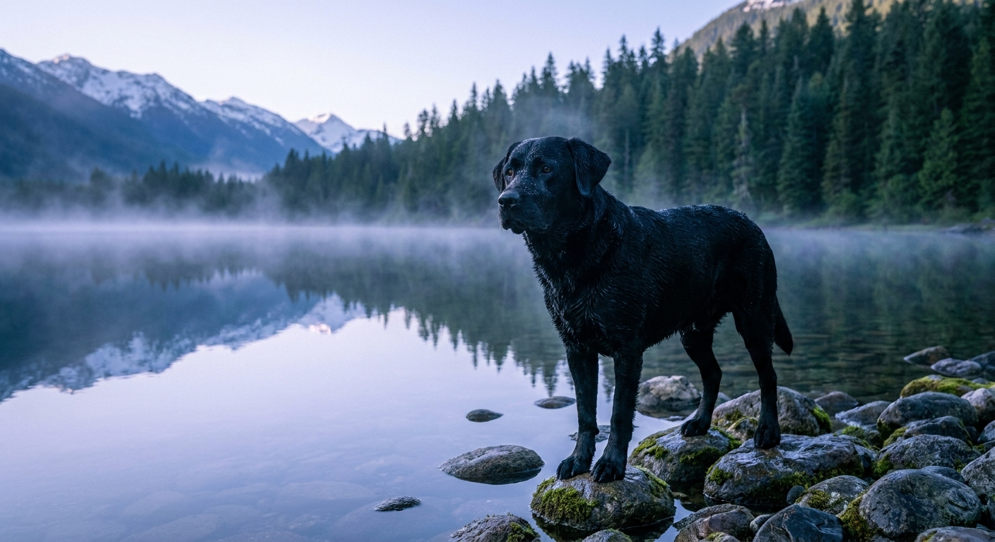 Morning Mist Guardian: Black Labrador at Alpine Lake