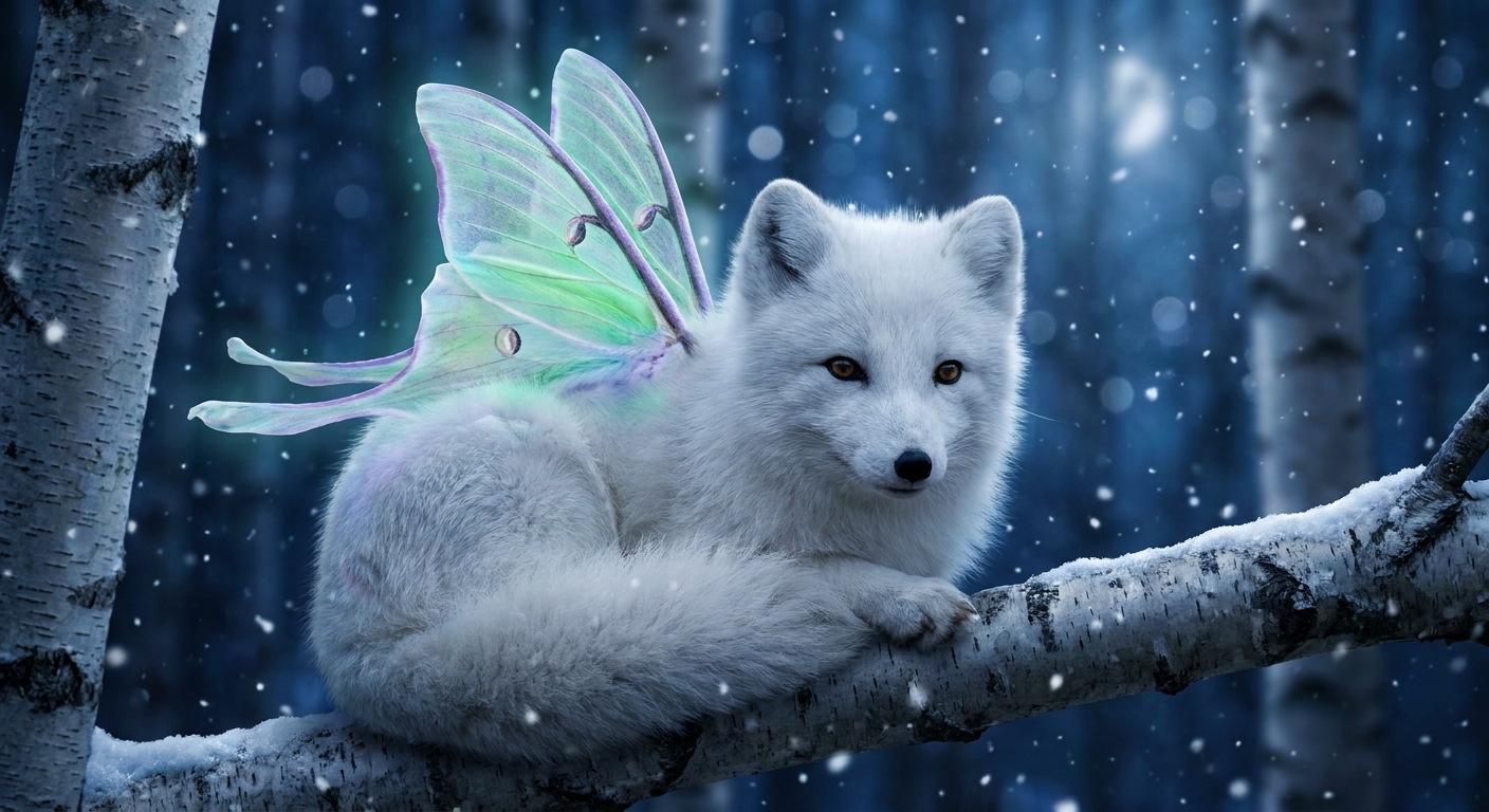 Wings of the Aurora: Arctic Fox with Silken Lunar Wings