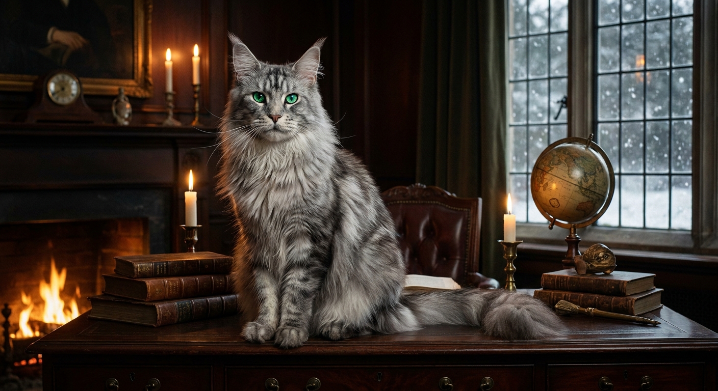 Scholar of the Hearth: Majestic Maine Coon in Vintage Library