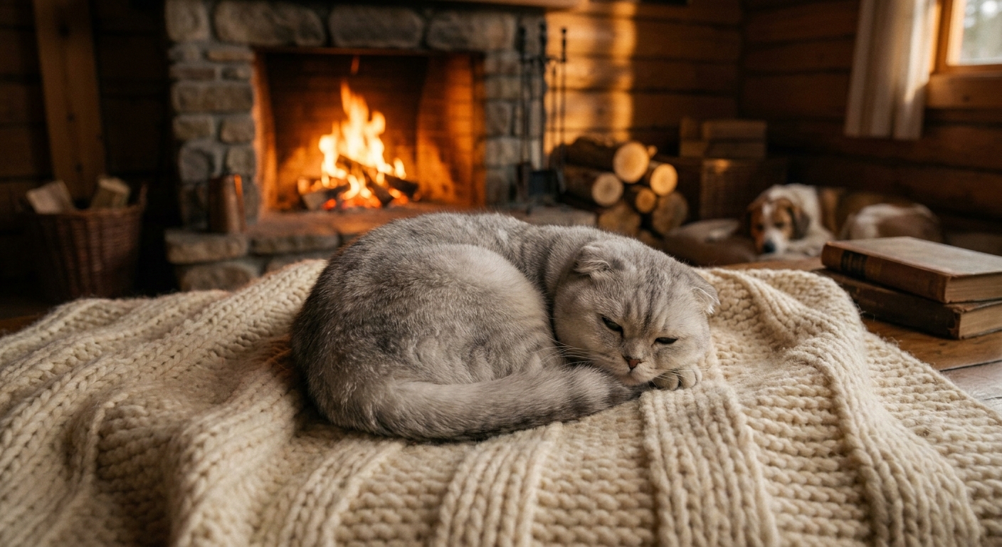 Hearthside Slumber: Scottish Fold by Stone Fireplace