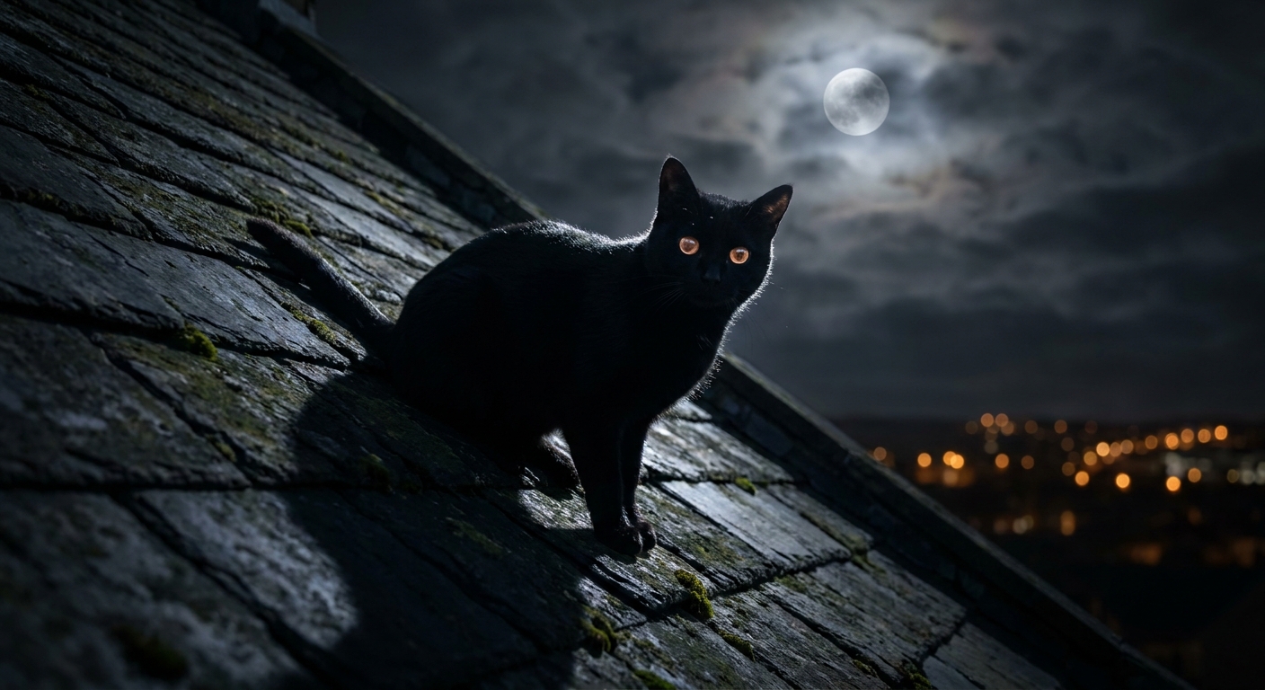 Shadow Panther: Bombay Black Cat on Rooftop at Midnight