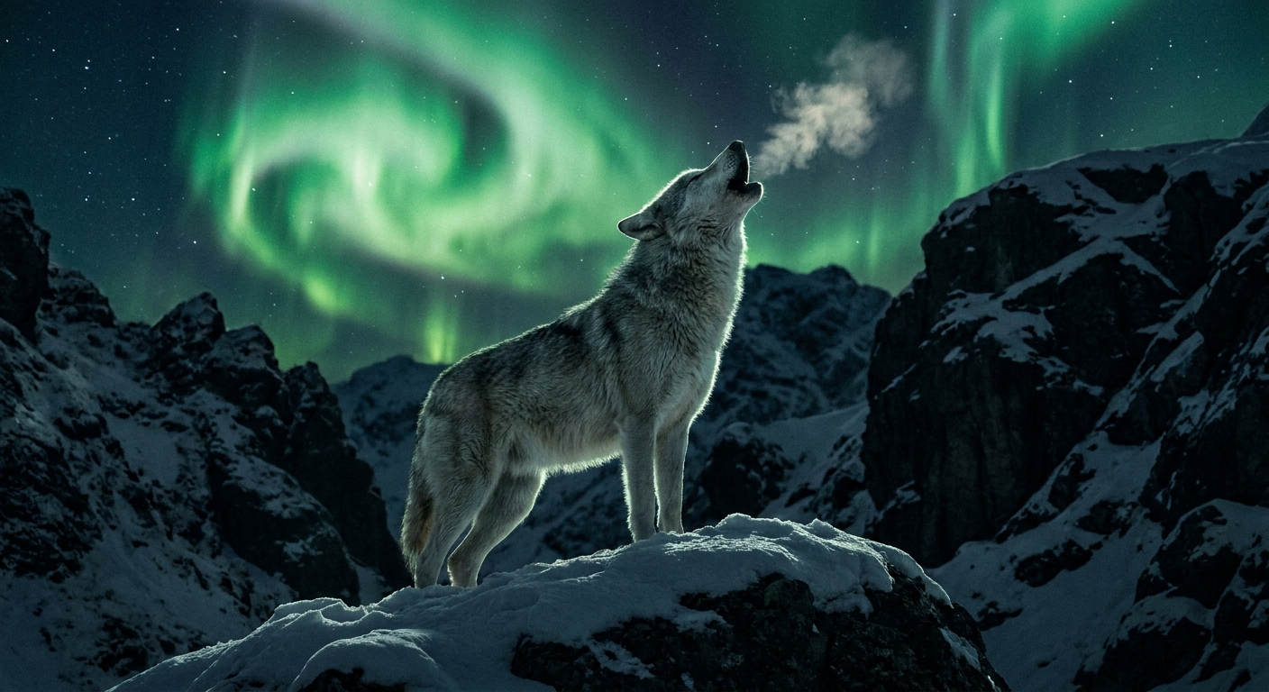 Song of the Tundra: Lone Timber Wolf Howling Under Aurora