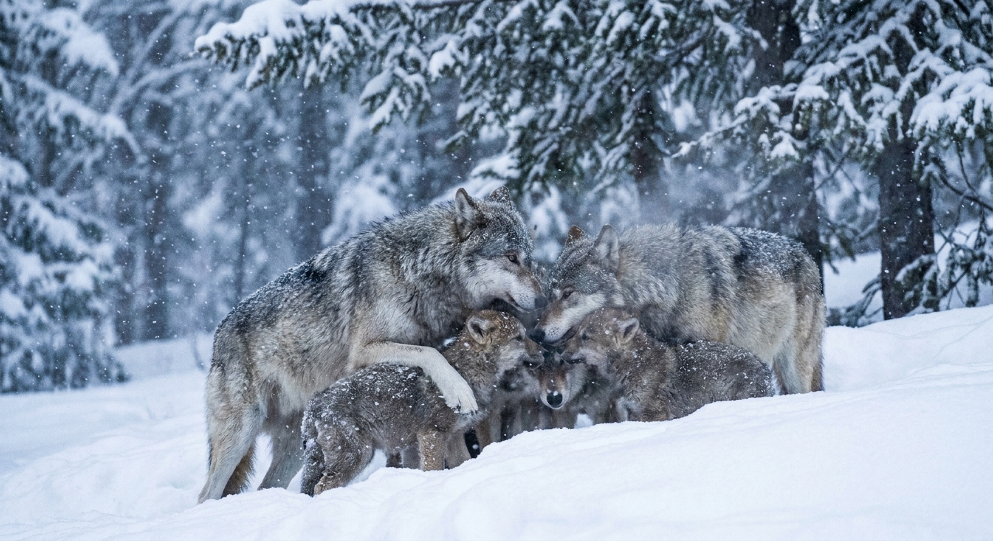 Bond of the Pack: Wolf Family in Winter Blizzard