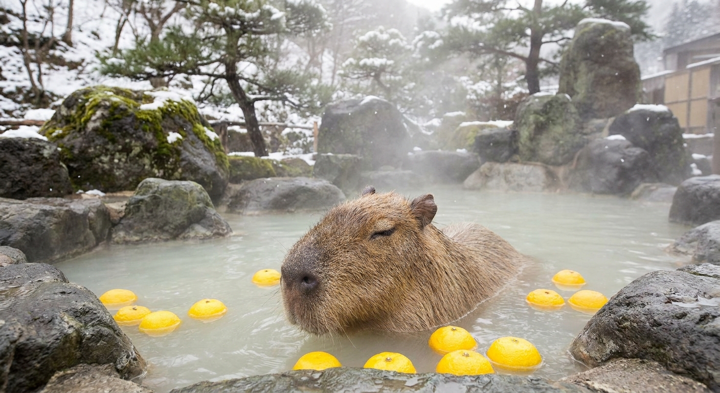 The Master of Zen: Capybara in Hot Spring with Floating Yuzu