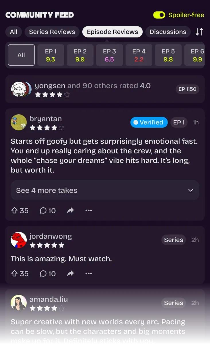 Discussion Hub feed showing per-episode threads with verified reviews from named fans, star ratings, and episode tags
