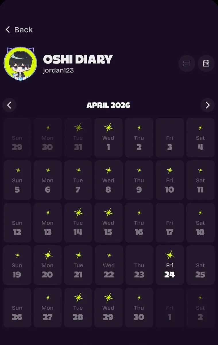 Oshi Diary calendar view showing April 2026 with daily activity stars and monthly analysis cards