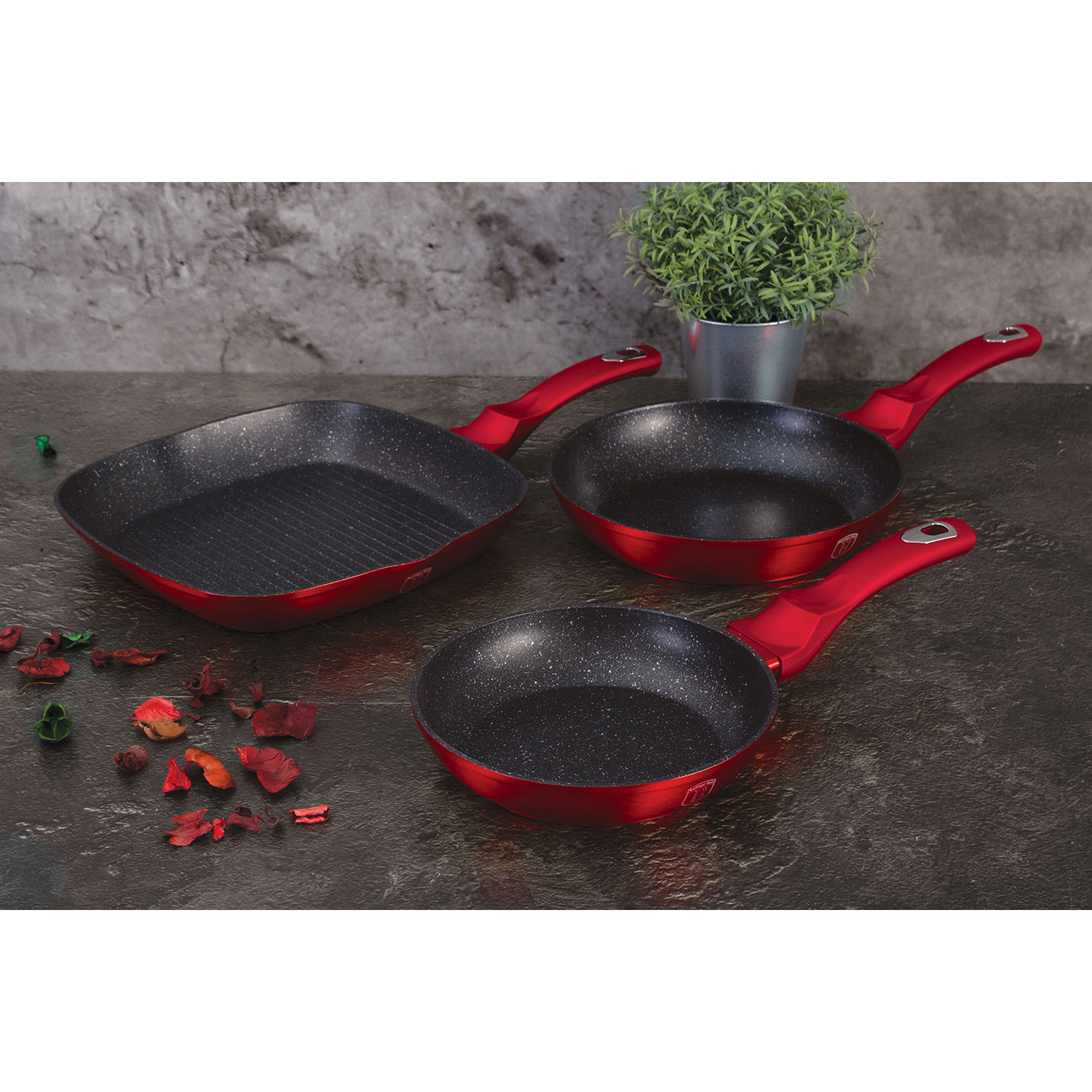 Berlinger Haus Burgundy Juego 2 Sartenes Y Grill Inducción 20 24 28cm,  Aluminio Forjado, Antiadherente Ecológico Marmol Sin Pfoa, Diseño Metallic  Line Rojo, Apta Para Todas Las Cocinas, Vitrocerámica, Gas