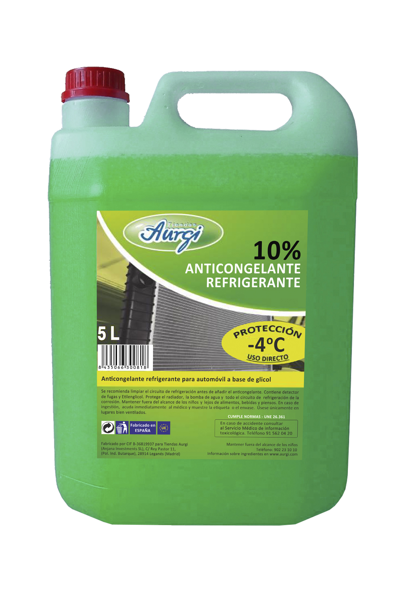 Para llevar Marinero Pais de Ciudadania Anticongelante Verde Al 10% 5 L Aurgi