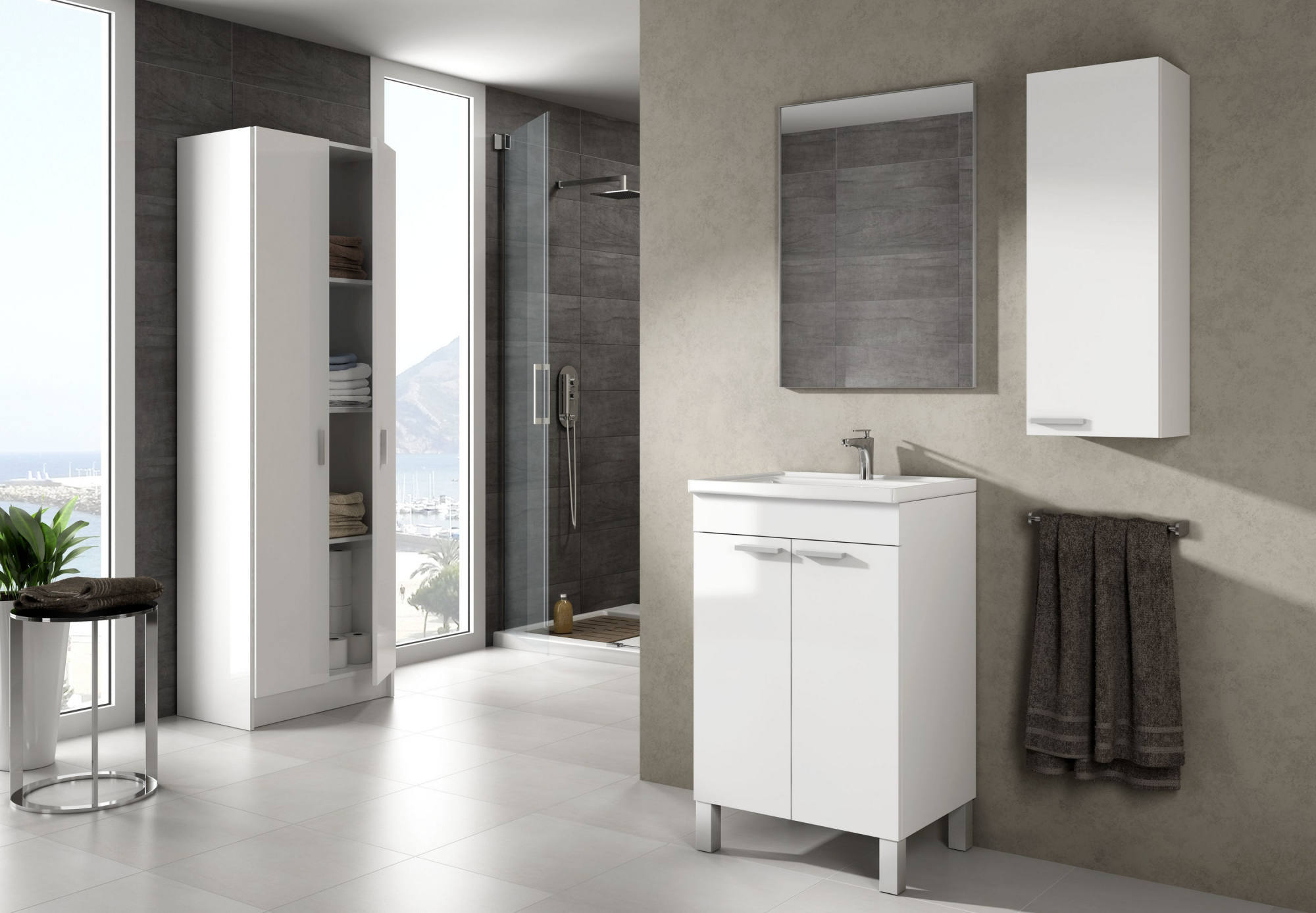 Mueble Bajo Lavabo De Pie, Con Dos Puertas Batientes Y Dos Baldas  Interiores, Blanco Brillo, 50