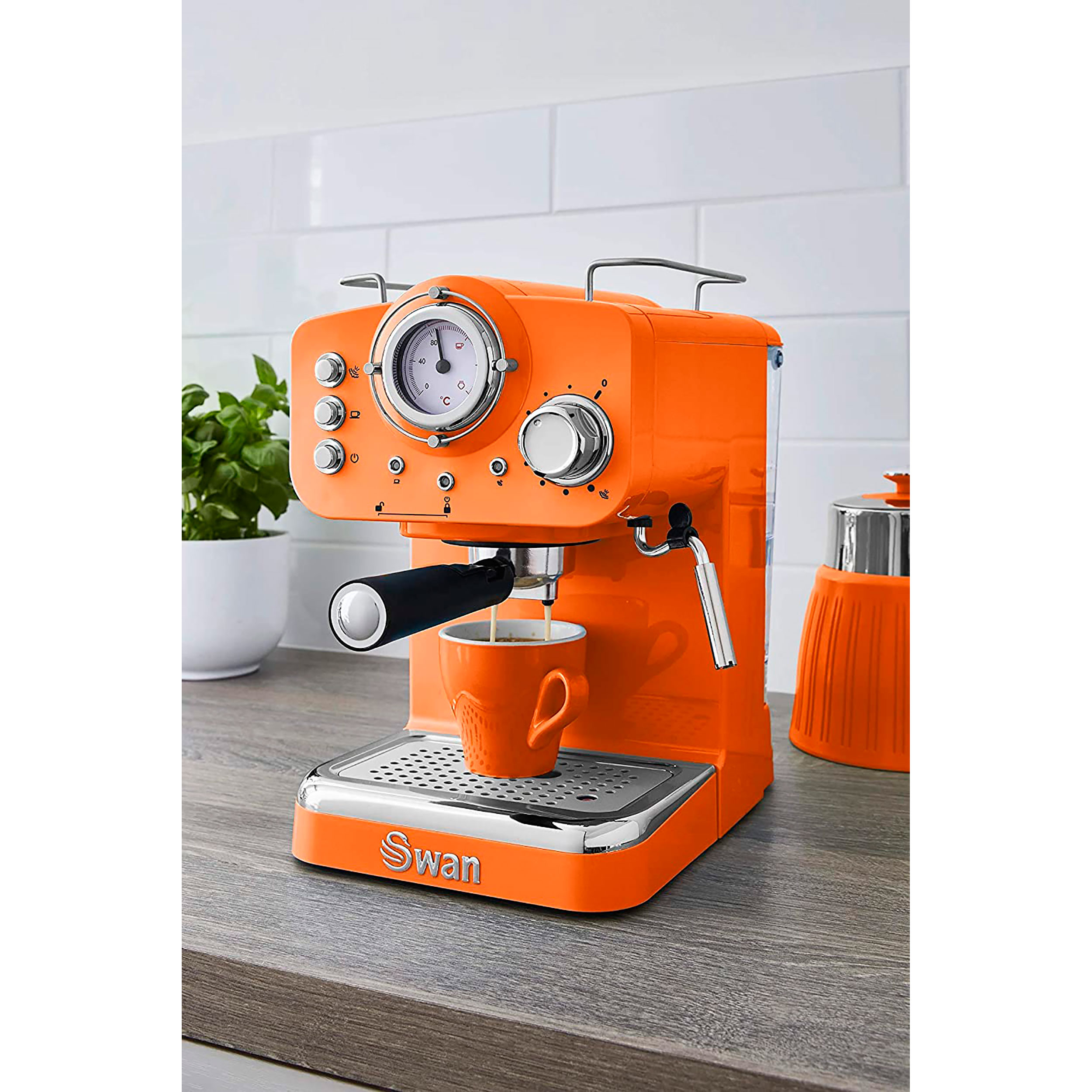 Swan Retro Sk22110 On Cafetera Express Para Espresso Y Cappucino, 15 Bares  Presión, Vaporizador, Capacidad 1,2 Litros, 1 O 2 Tazas, Café Molido ,  Diseño Vintage, Naranja, 1100 W