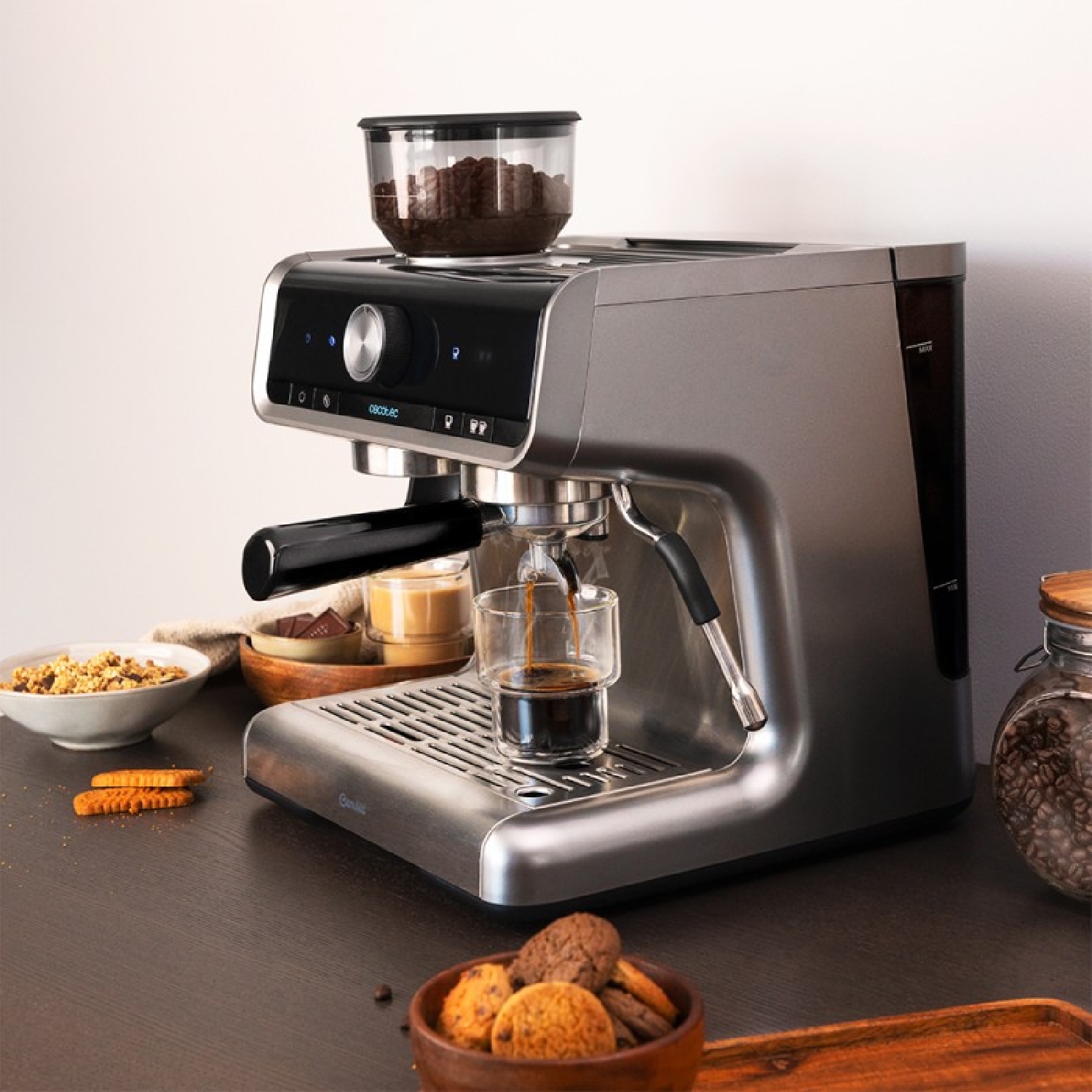 Cecotec Cafetera Express Con Molinillo Power Espresso 20 Barista Cream.  1550 W, 20 Bares, Brazo Doble