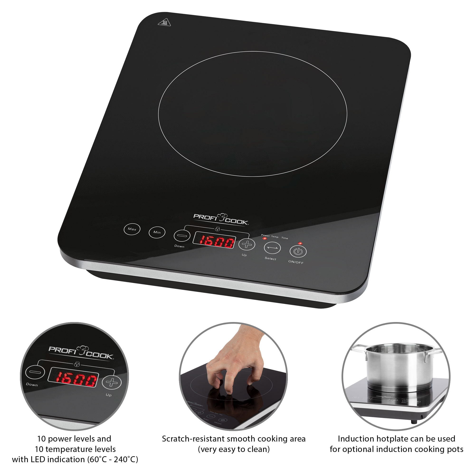 Proficook Eki 1062 Placa Vitrocerámica Por Inducción Portátil, 10 Niveles  De Temperatura, 2000 W, Color Negro