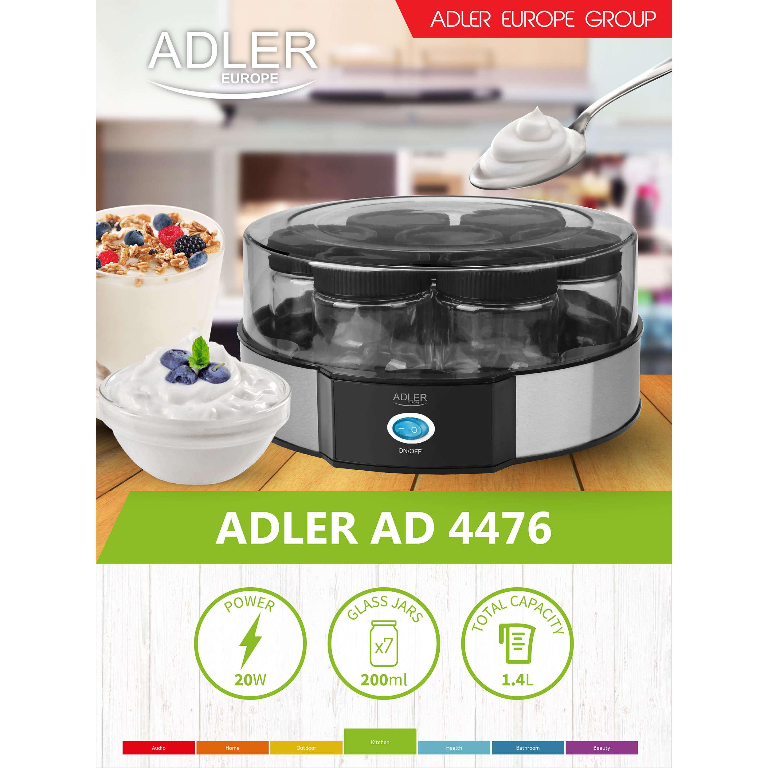 Adler AD4476 - Yogurtera capacidad 1,4 Litros, 7 tarros 200ml, negro