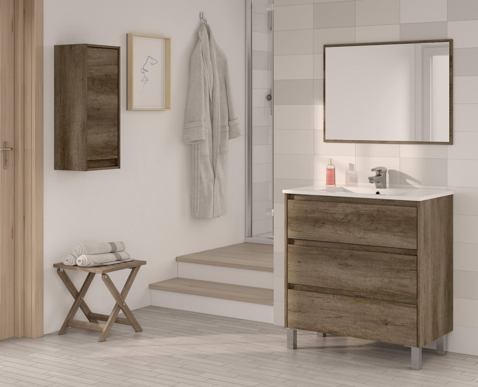 Mueble De Baño De Pared Con Una Puerta Y Una Balda Interior, Color Roble  Efecto Madera