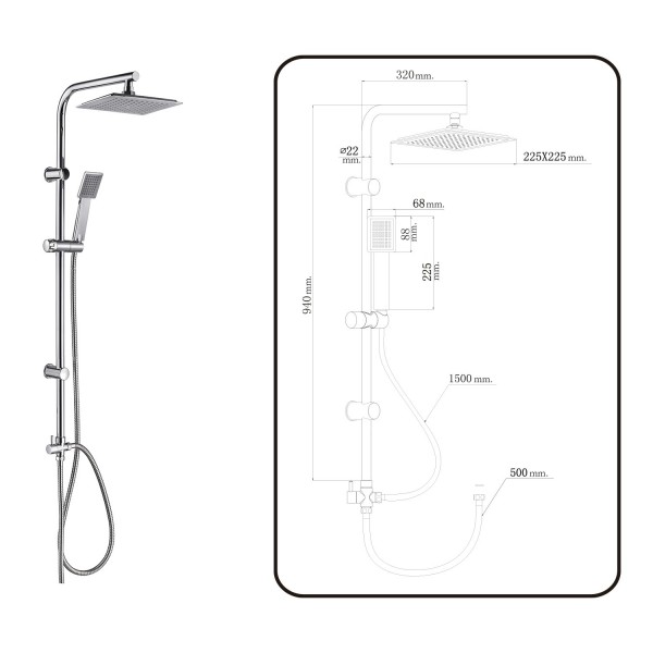 Columna Ducha Universal Multifuncional Completa Cuadrada, Acero