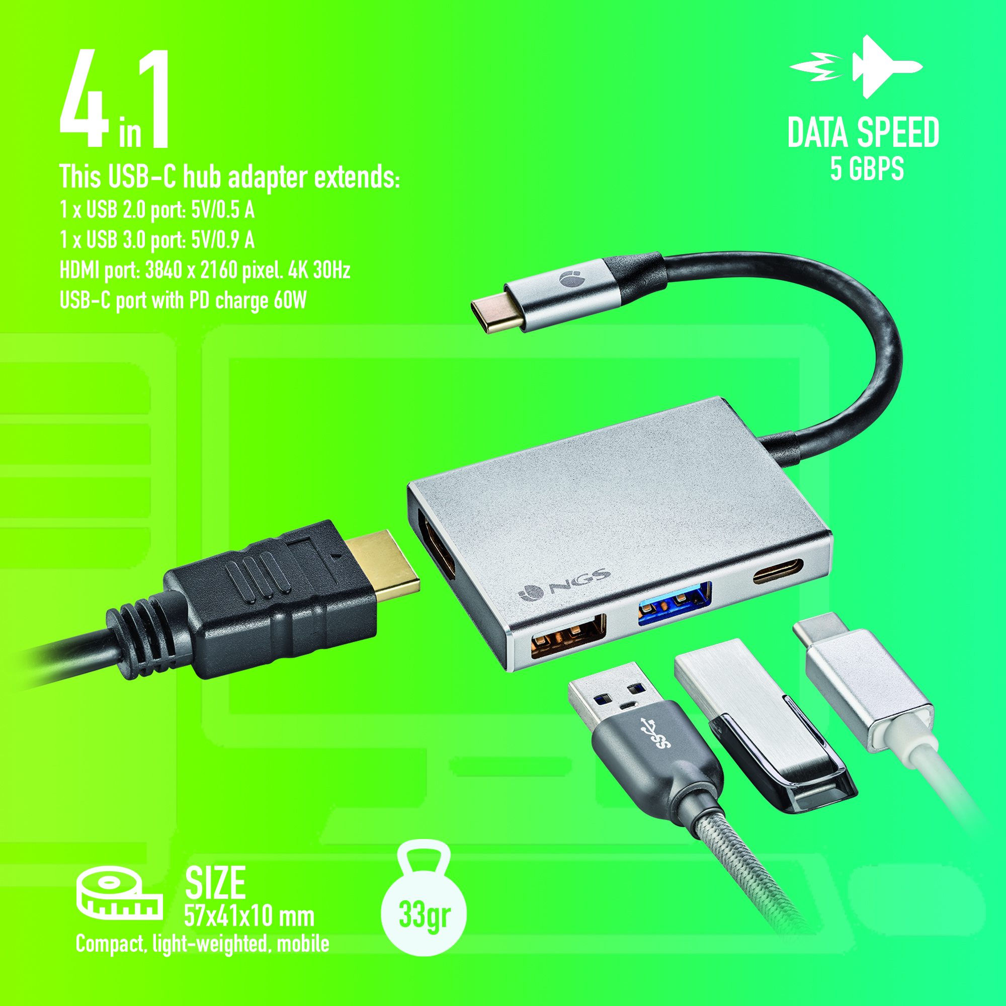 Hub metálico multipuerto USB 2.0 4 en 1