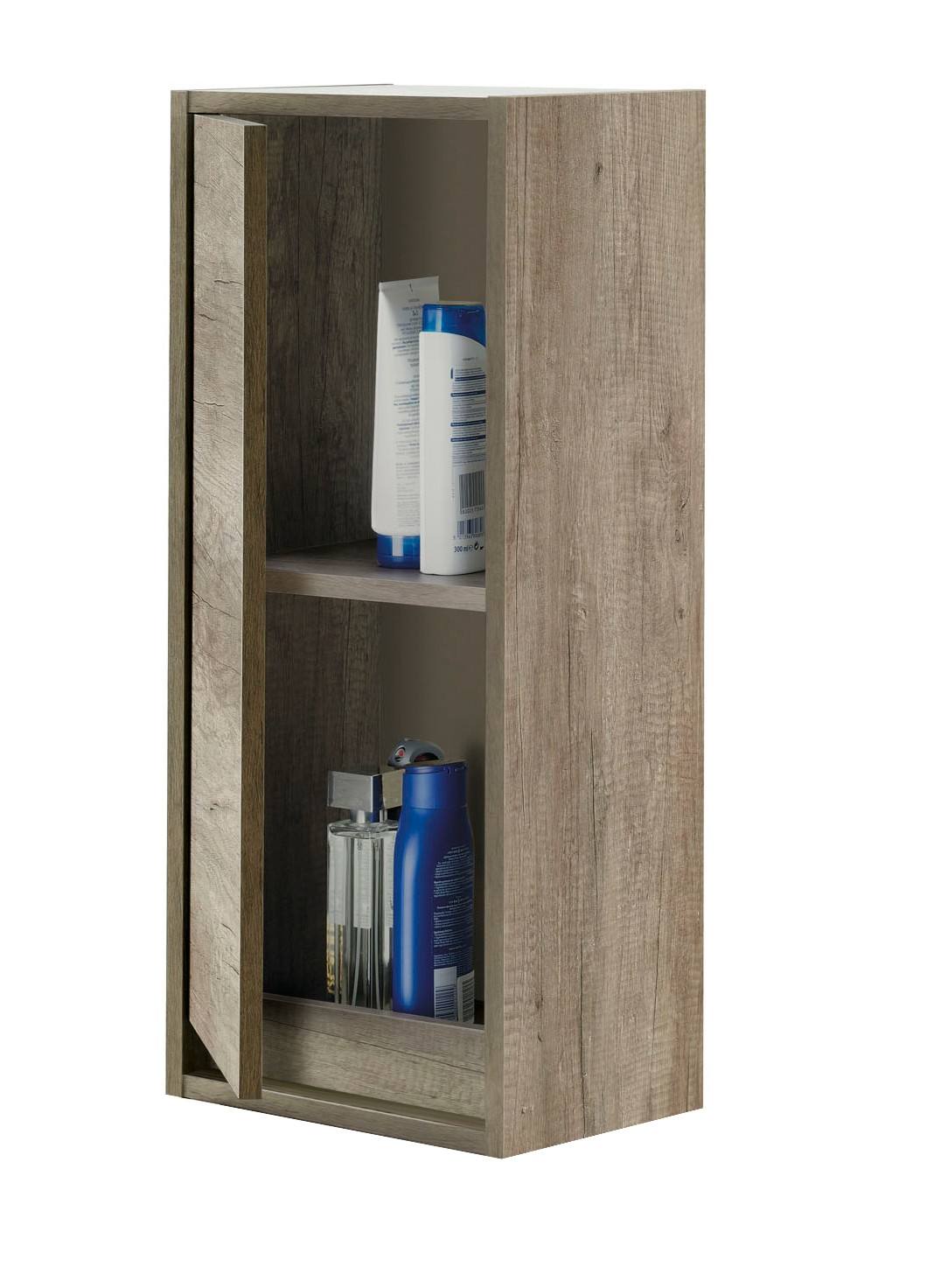 Mueble De Baño De Pared Con Una Puerta Y Una Balda Interior, Color Roble  Efecto Madera