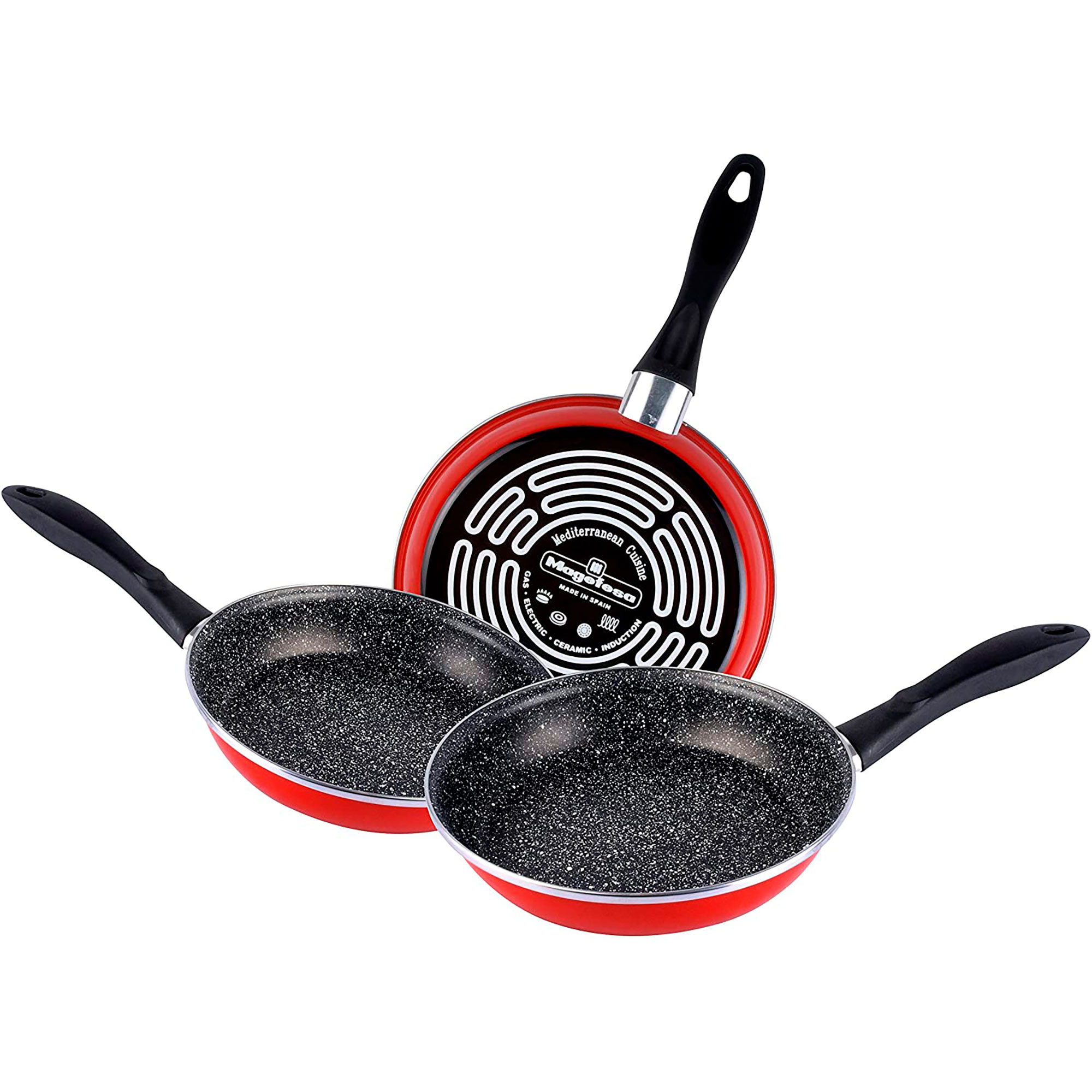 Magefesa K2 Rojo Set Juego 3 Sartenes 24 26 28 Cm, Inducción, Antiadherente  Piedra Libre De Pfoa, Vitrocerámica, Gas, Acero Vitrificado, Fabricadas En  España