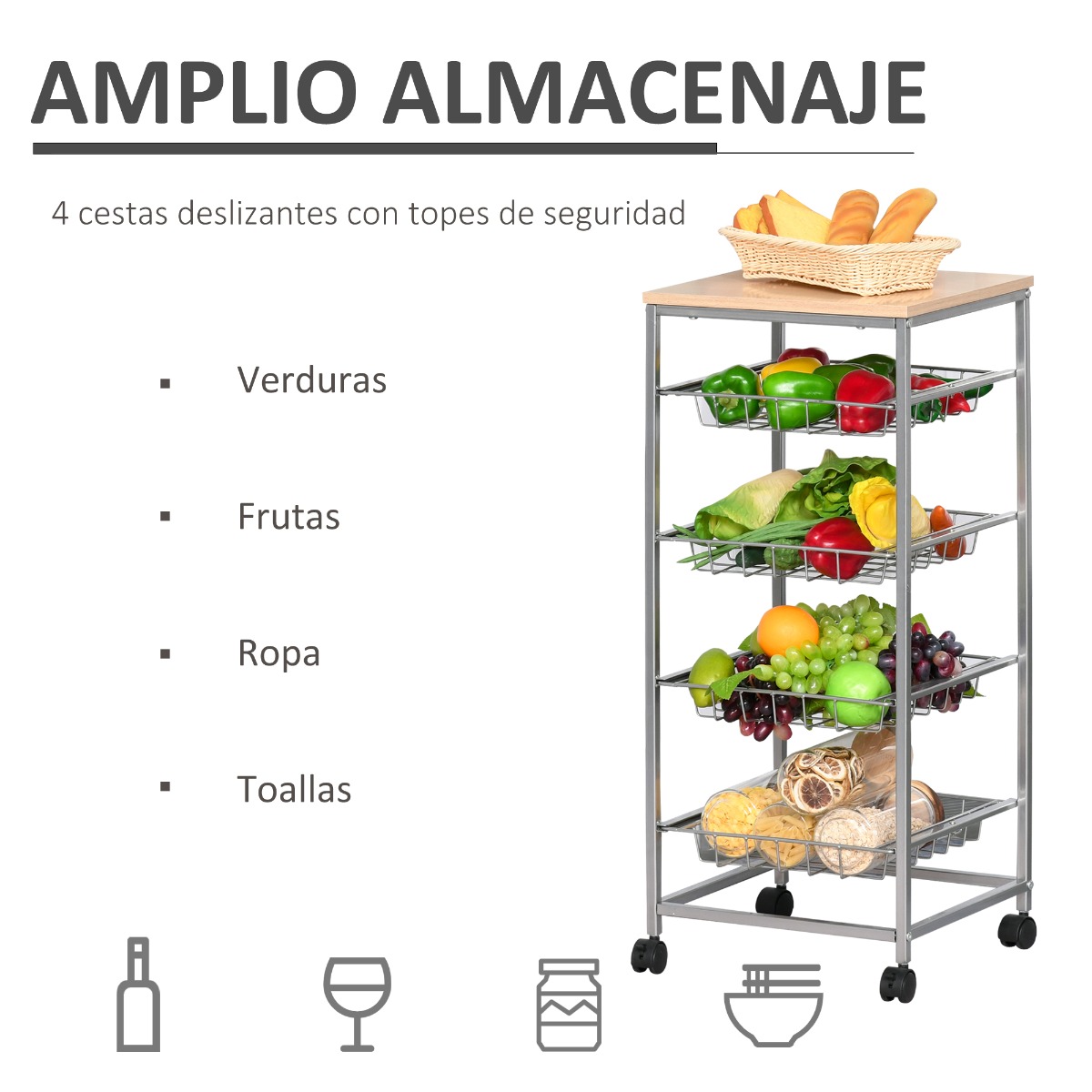 Homcom Carro Múltiusos De Cocina Baño Con Ruedas 5 Niveles Carrito De  Servicio Isla De Cocina