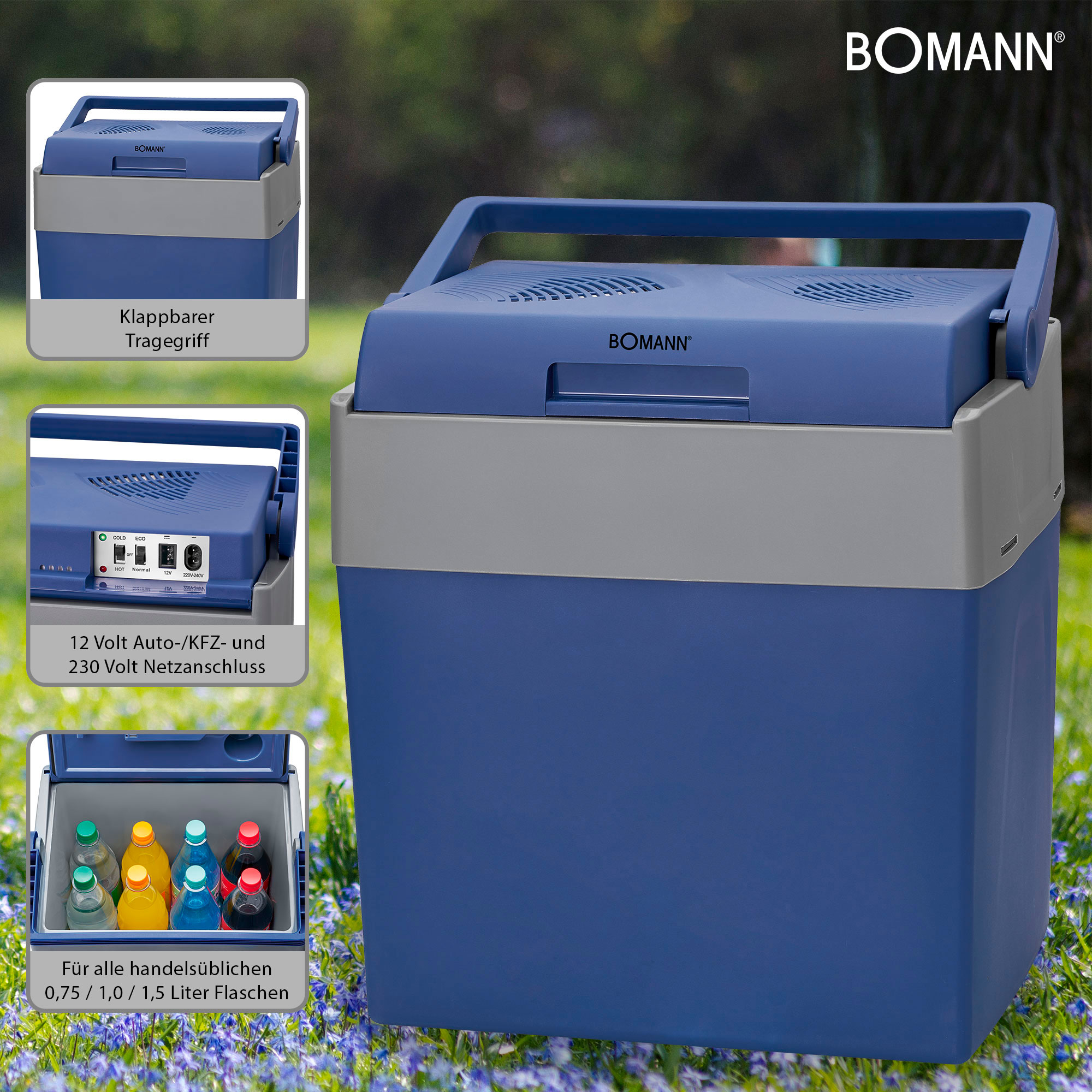 Bomann Kb 6012 Nevera Portátil Eléctrica Viaje Para Coche, Camping, 12 V/230 30 Litros, Enfría Y Calienta, Azul