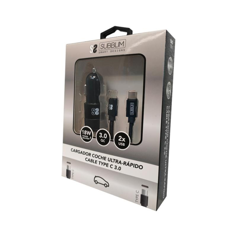 Cargador Coche Cable Tipo C (2 x Usb) 2.4A Kit 2 en 1 Negro