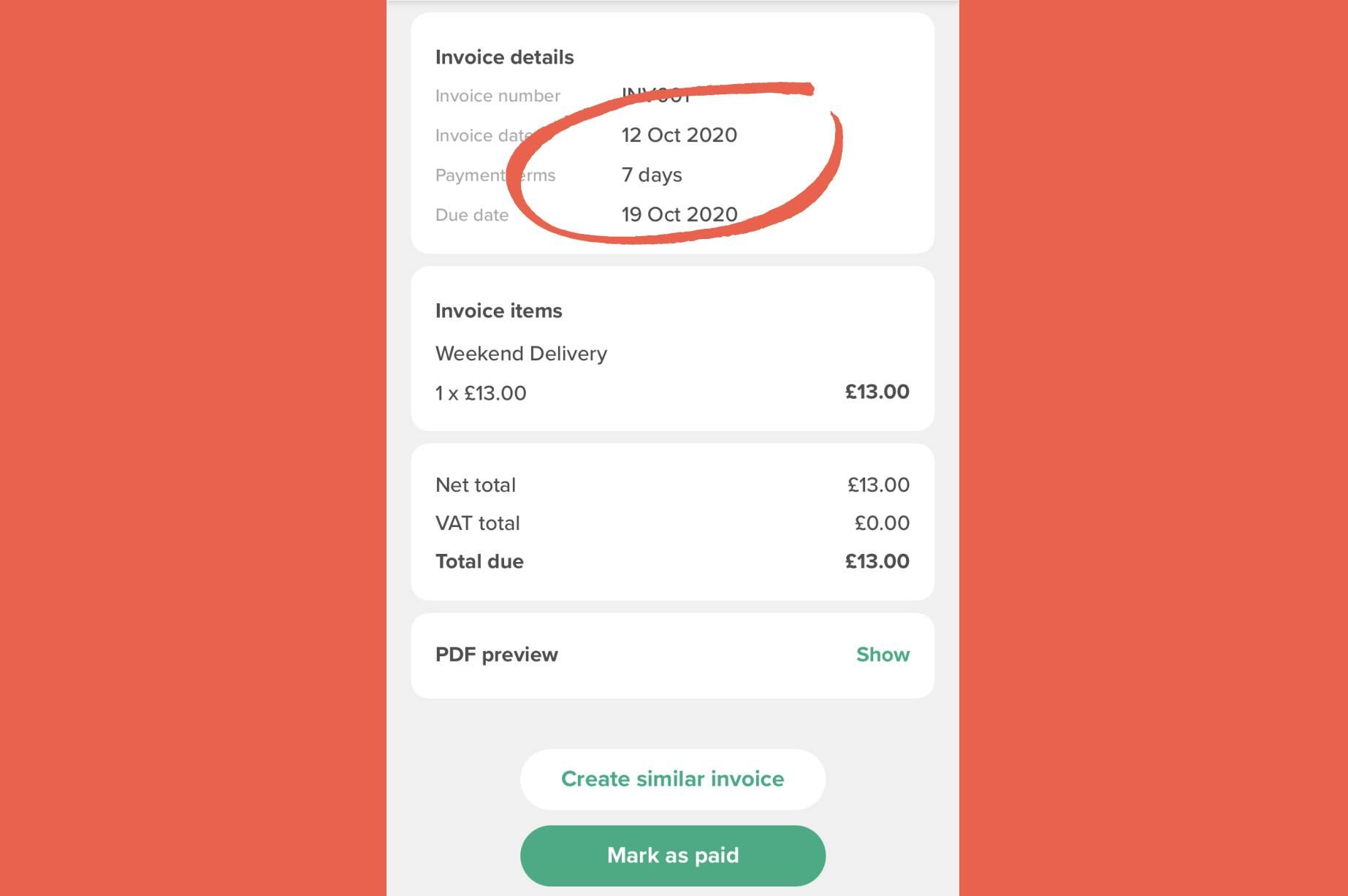 Invoice payment terms in the ANNA app