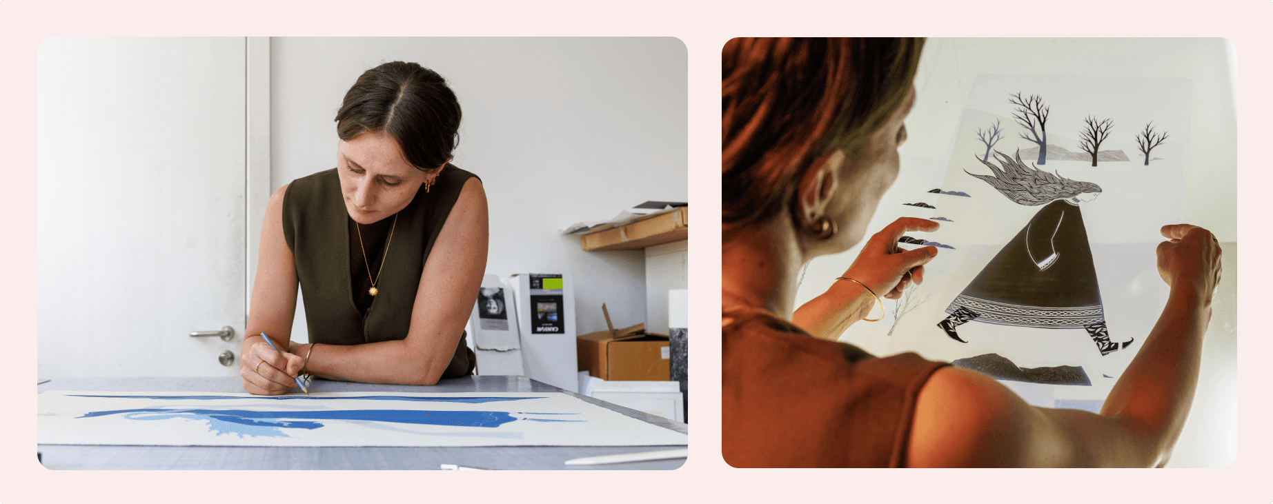 Abbie Lois drawing a blue print at her studio table and arranging illustrated film layers on a lightbox