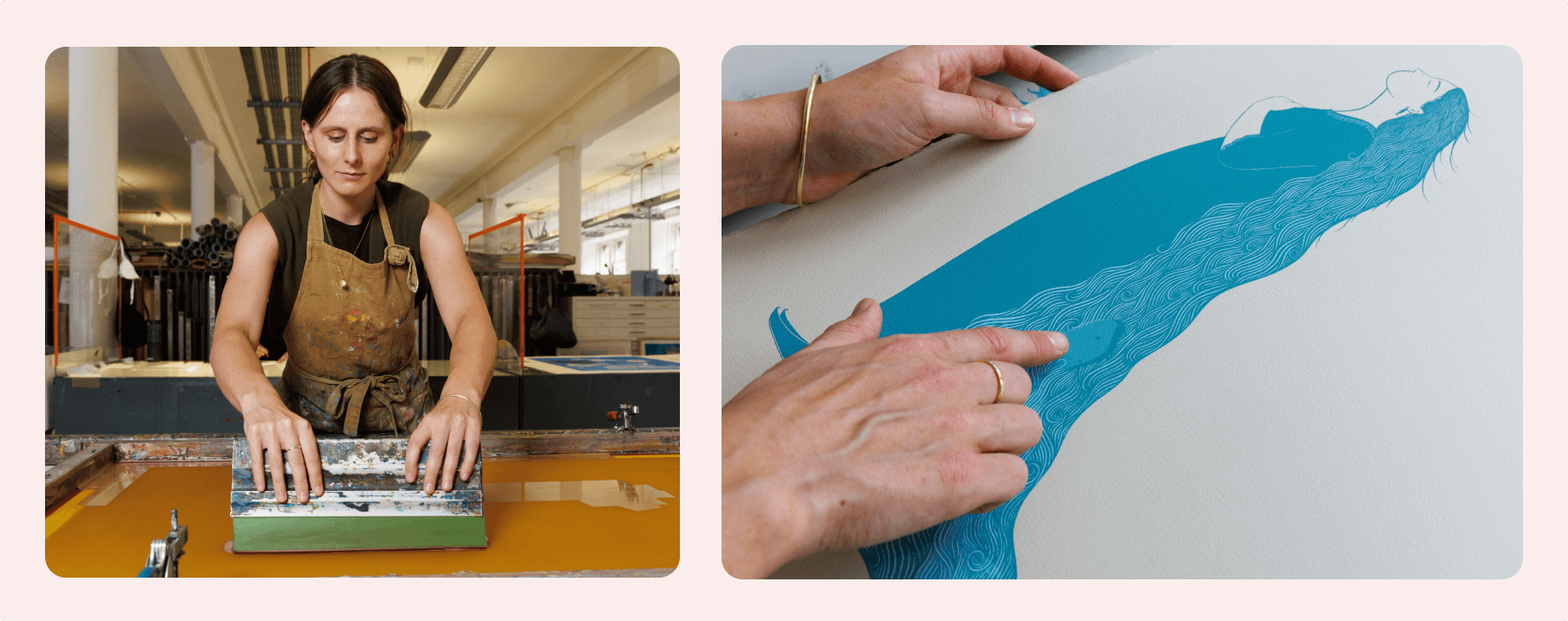 Abbie Lois screen printing in her Glasgow studio and examining a blue print of a woman with flowing hair.