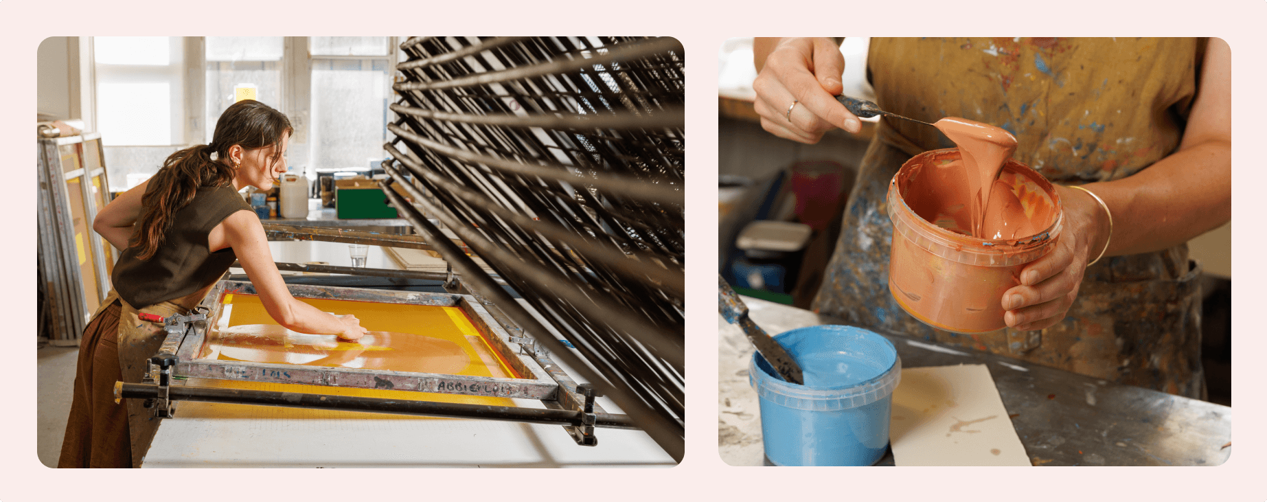 Abbie Lois preparing a screen-printing frame and mixing peach and blue printing inks in her studio.