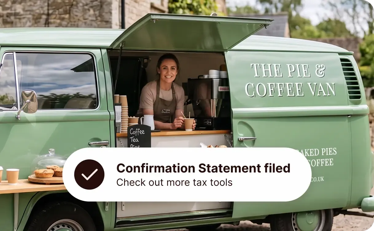 A business owner serves coffee from their pie and coffee van, next to a card showing their confirmation statement is filed – check out more tax tools