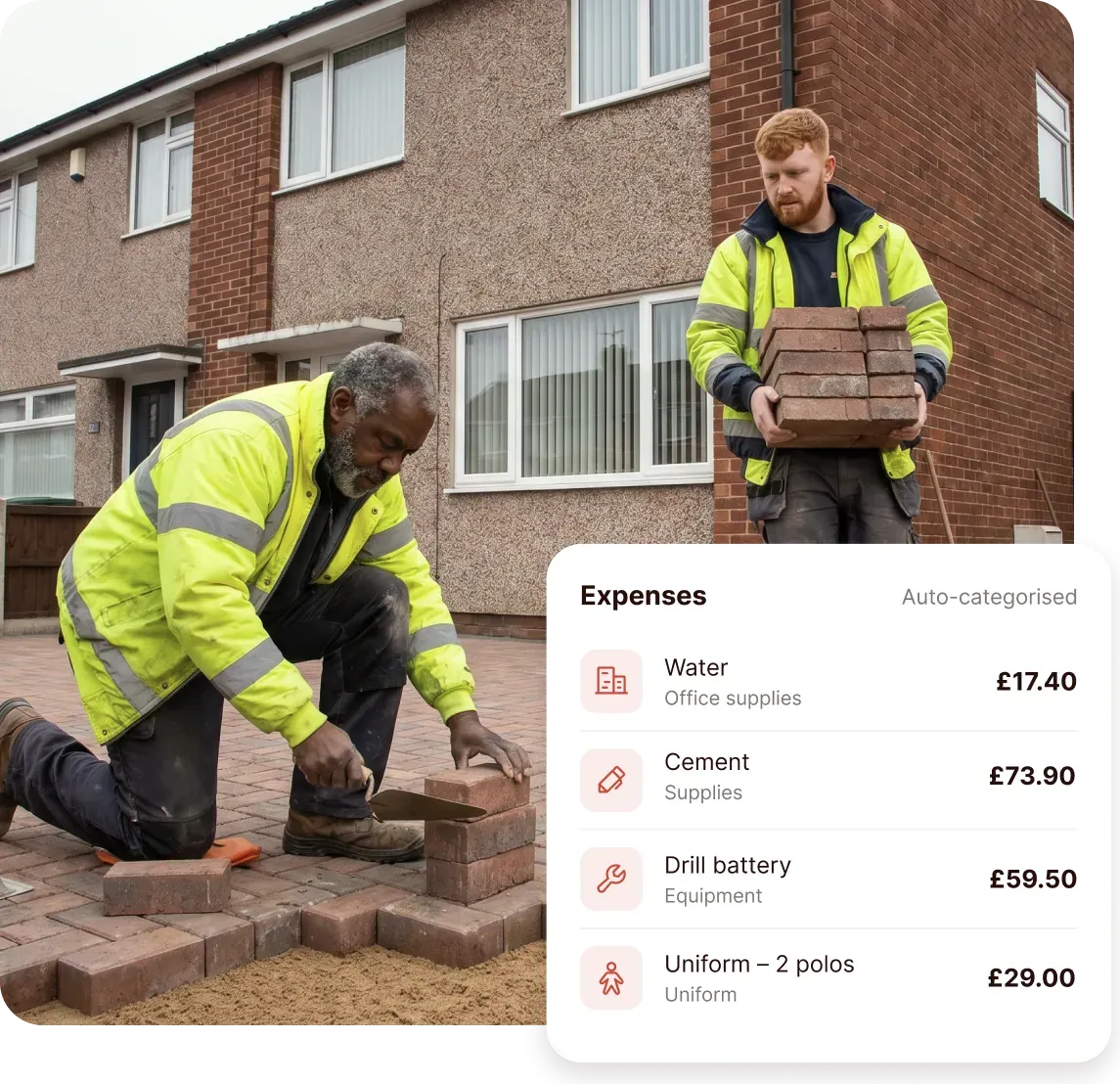 Two builders lay block paving outside a house while the ANNA app auto-categorises expenses for water, cement, a drill battery and uniform