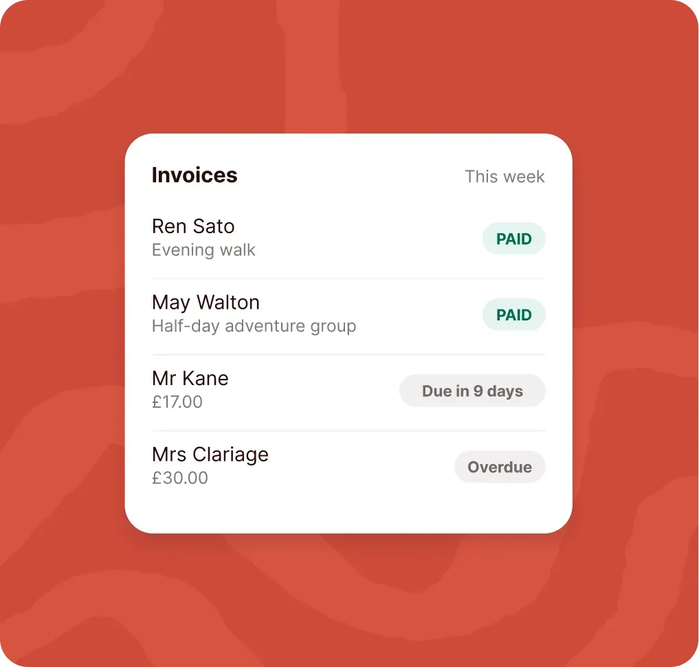 ANNA invoice list for a dog walking business, with an evening walk and a half-day adventure group paid, one invoice due in 9 days and another overdue