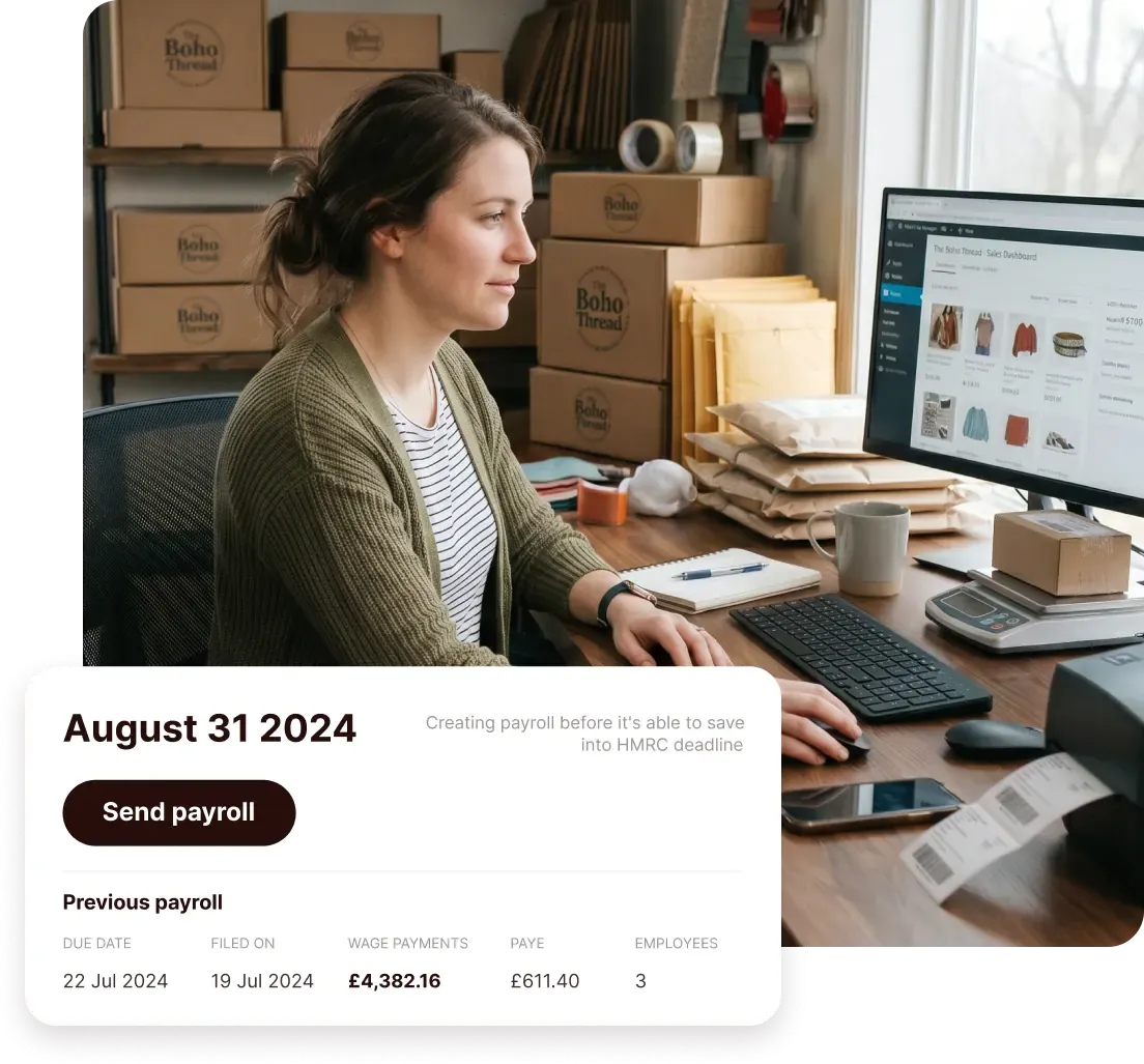 Small business owner at her desk sending payroll in ANNA ahead of the HMRC deadline