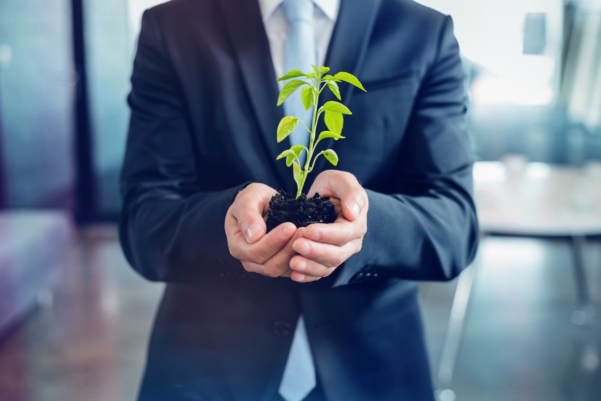 Man in suit holding plant representing sustainability as a small business