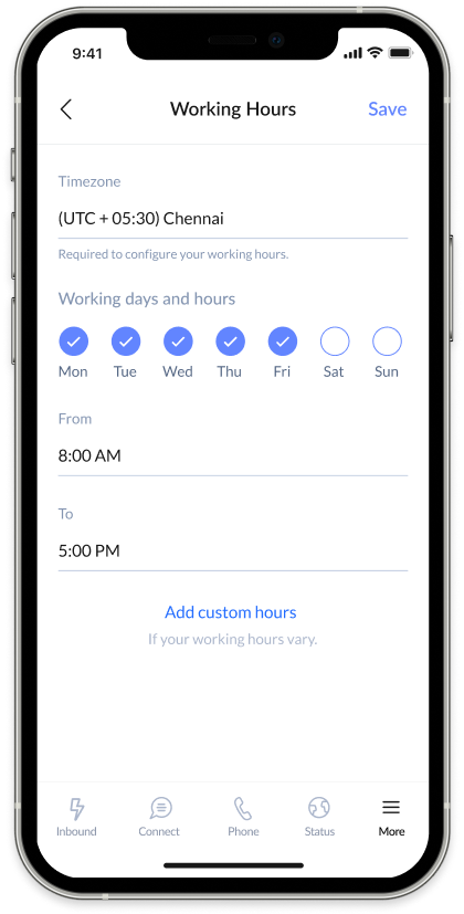 Working hours shows in the mobile app