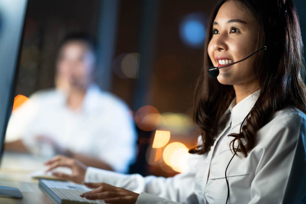 call center employee talking to customers. 