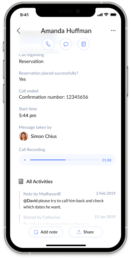 Screenshot of AnswerConnect mobile app: Hear call recordings