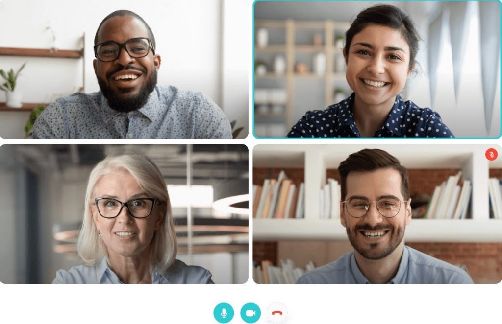 Smiling team using Teleport.Video to host video meeting