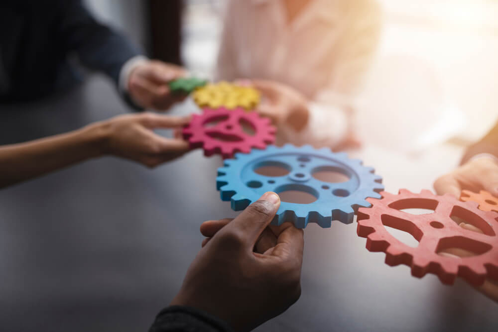 Hands holding cogs representing tools working together