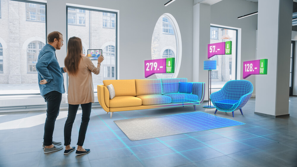 Woman using AR to view product prices in a living room