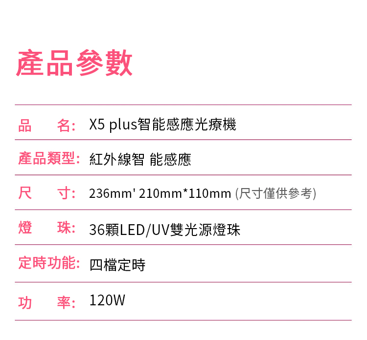 產參數品名: X5 plus智能感應光療機產品類型:紅外線智能感應尺 寸: 236mm'210mm*110mm (尺寸僅供參考)燈珠: 36顆LED/UV雙光源燈珠定時功能:四檔定時功率:120W