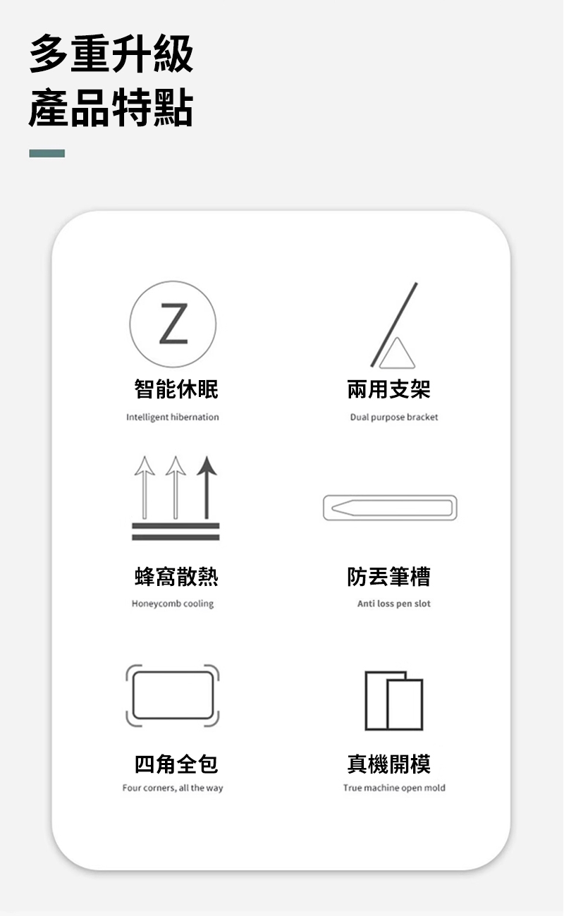 多重升級產品特點智能休眠Intelligent hibernation兩用支架Dual purpose bracket蜂窩散熱防筆槽Honeycomb cooling四角全包Four corners, all the wayAnti loss pen slot真機開模True machine open mold