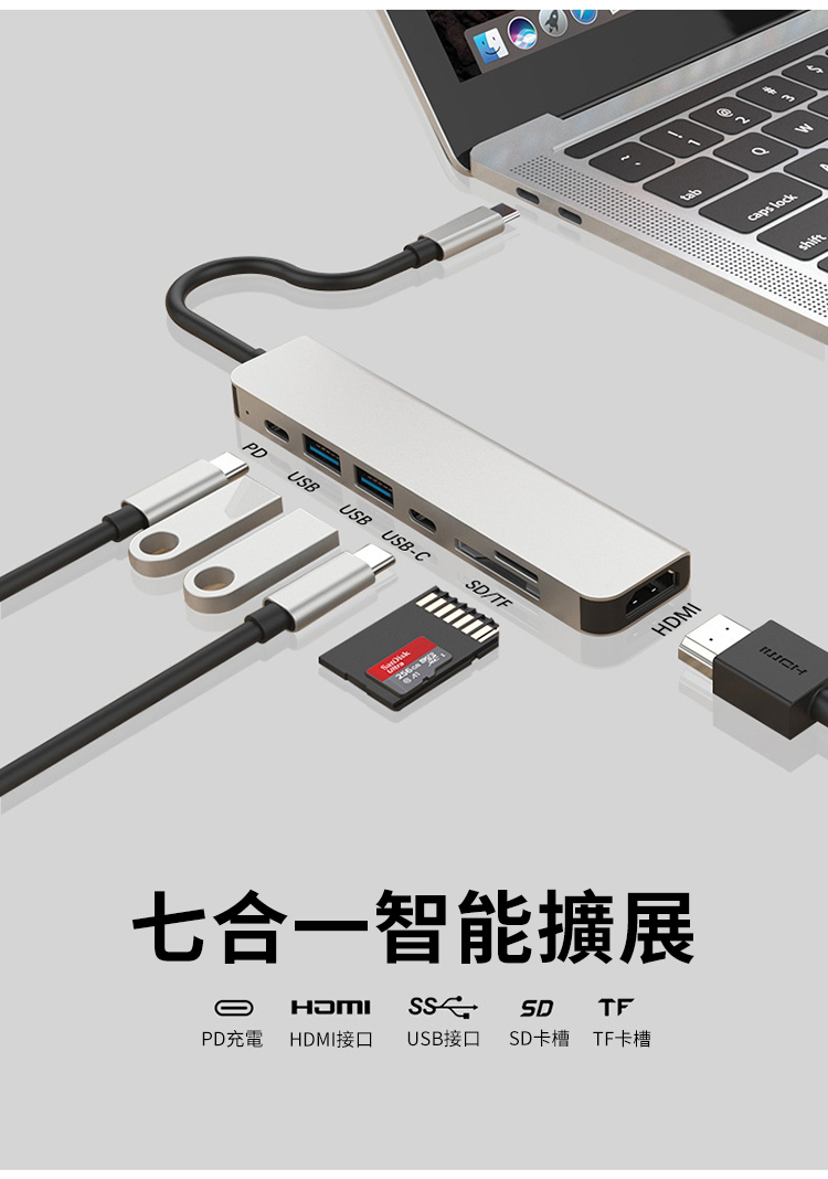 PDUSBUSB USB-CSD/TF七合一智能擴展HDMIPD充電 HDMI接口 USB接口SDTFSD卡槽 TF卡槽2tbacaps lockMshift
