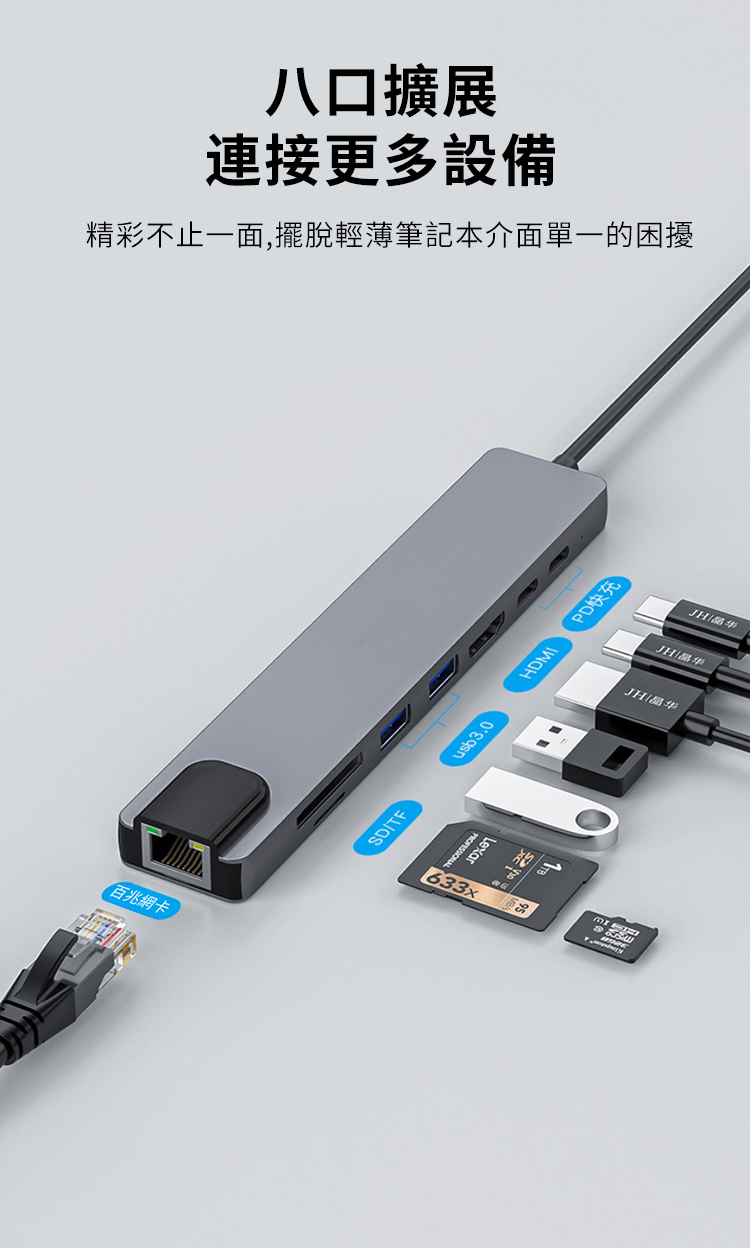 八口擴展連接更多設備精彩不止一面,擺脫輕薄筆記本介面單一的困擾百兆網卡SDTFusb3.0HDMIPD快充Lexar633xJH JHJH|晶华