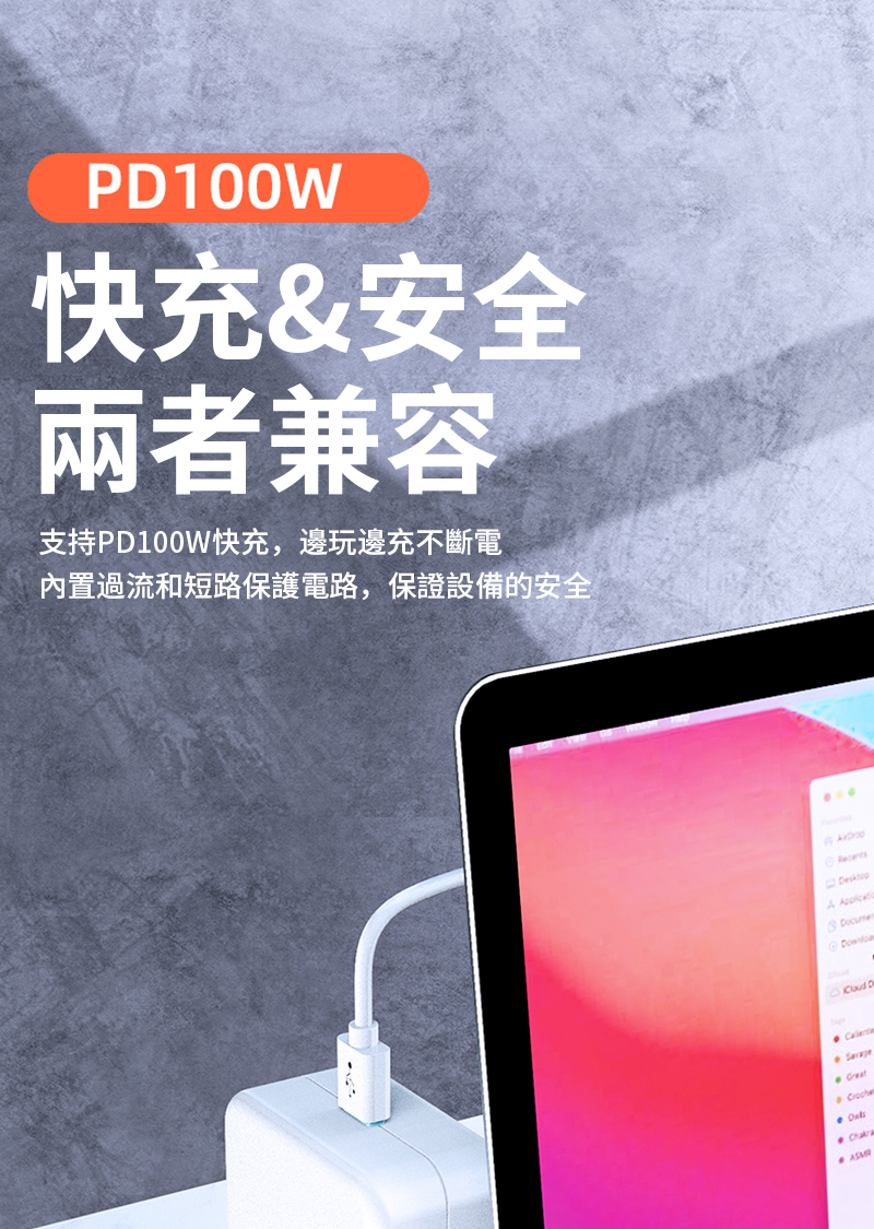 P100W快充&安全兩者兼容支持PD100W快充,邊玩邊充不斷電內置過流和短路保護電路,保證設備的安全  D Great