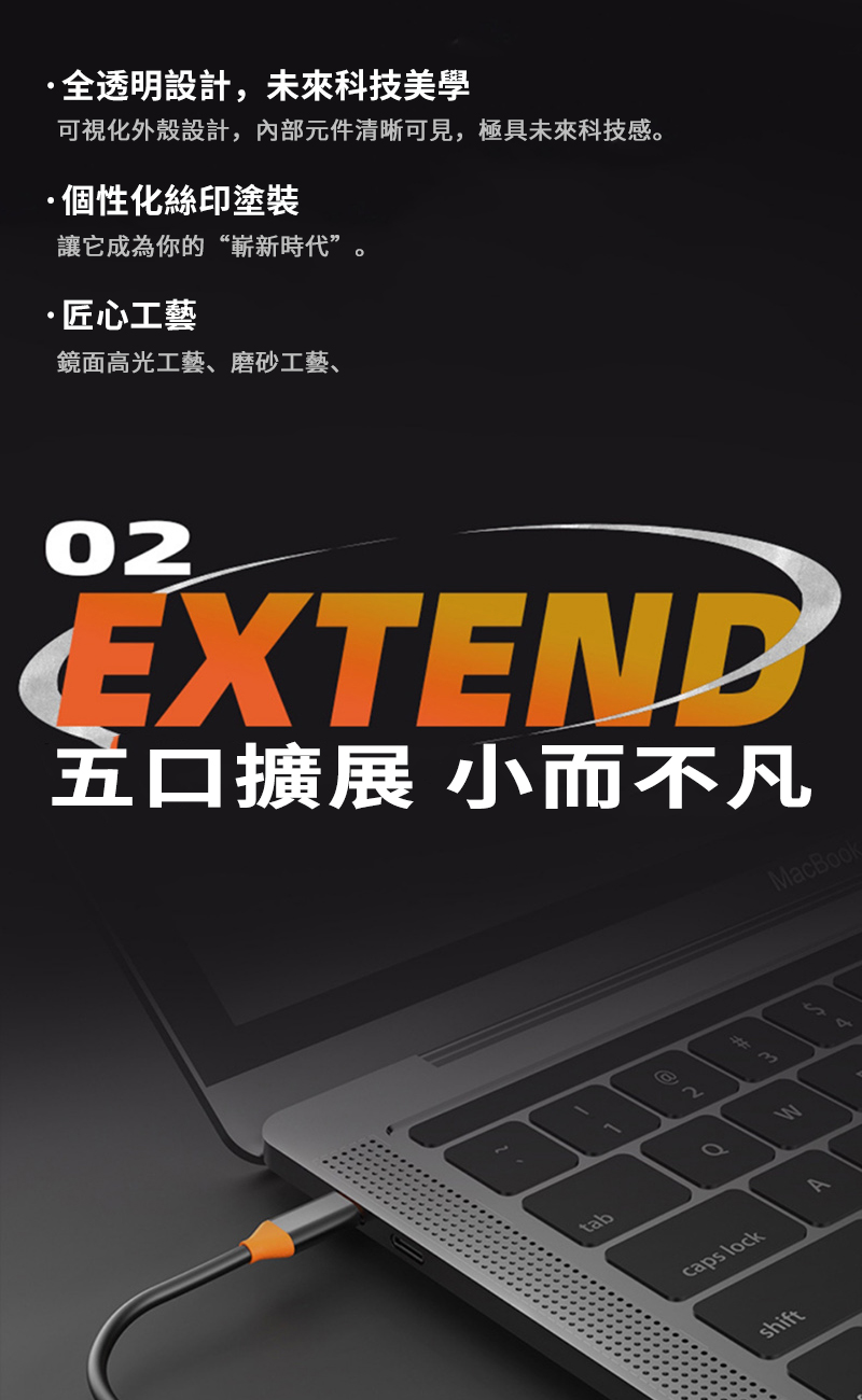 ·全透明設計,未來科技美學可視化外殼設計,內部元件清晰可見,極具未來科技感個性化絲印塗裝讓它成為你的“嶄新時代”。·匠心工藝鏡面高光工藝、磨砂工藝、EXTEND五口擴展 小而不凡MacBooktabcaps lockshiftWS