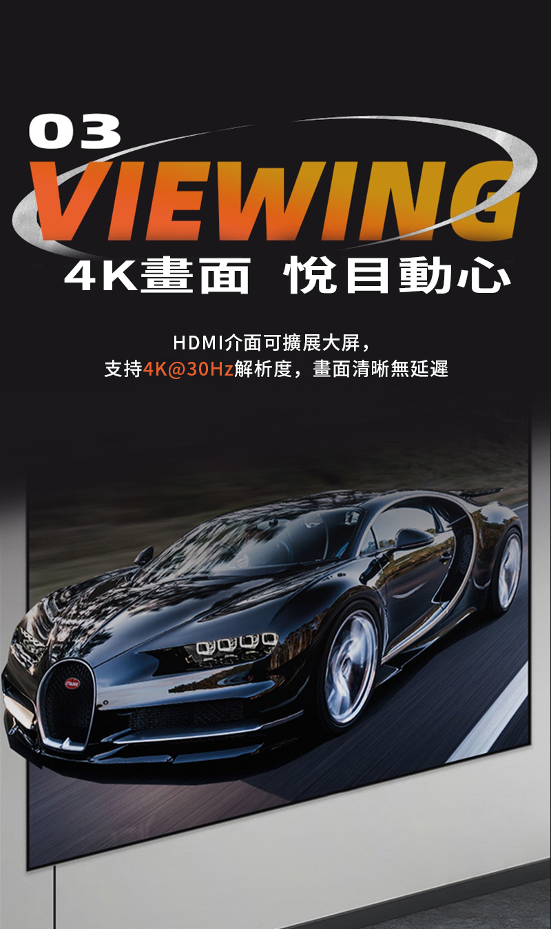 03VIEWING4K畫面 悅目動心HDMI介面可擴展大屏,支持4K@30Hz解析度,畫面清晰無延遲