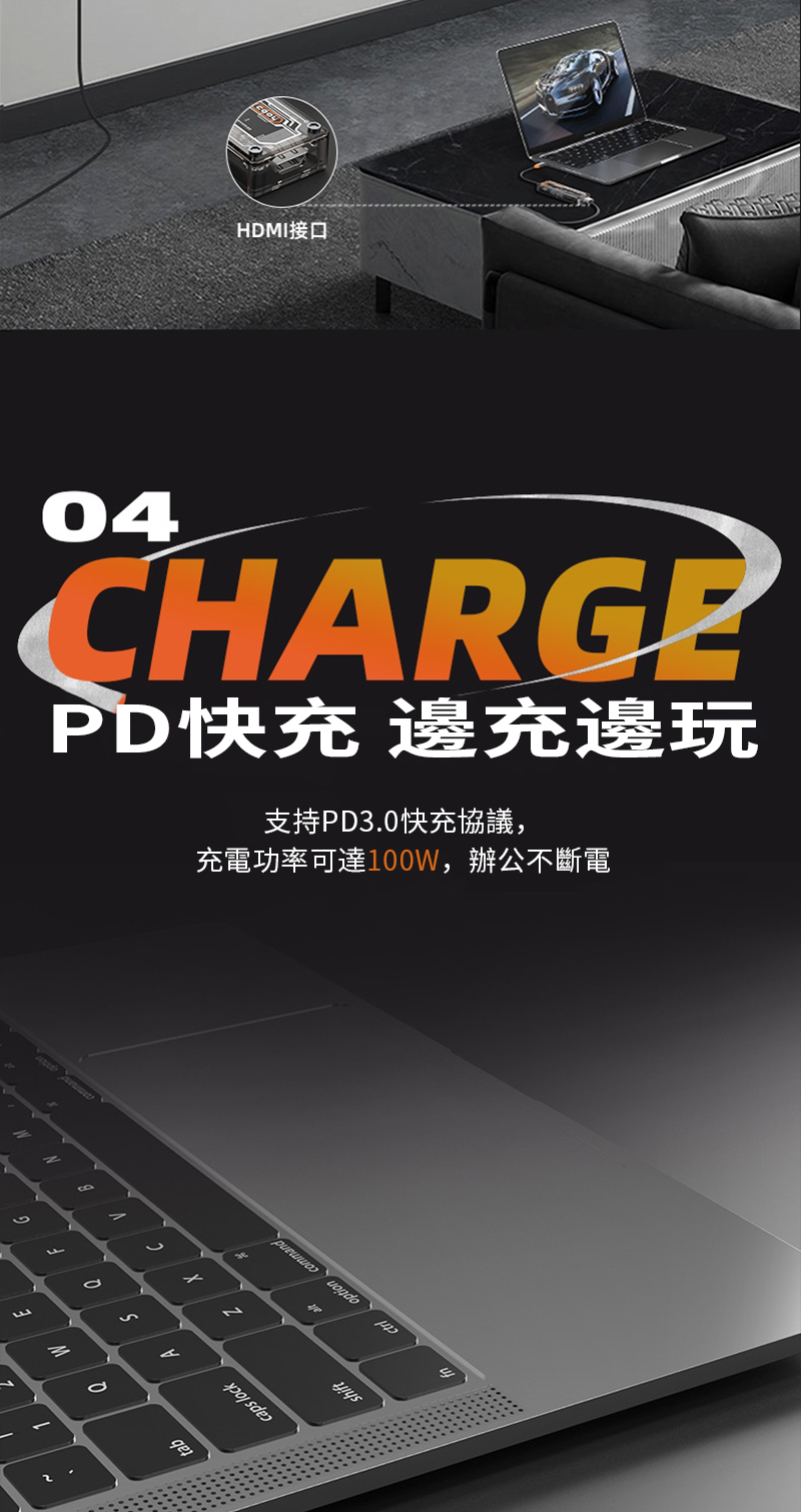 HDI接口4CHARGEPD快充 邊充邊玩支持PD3.0快充協議,充電功率可達100W,辦公不斷電MNEM0SA