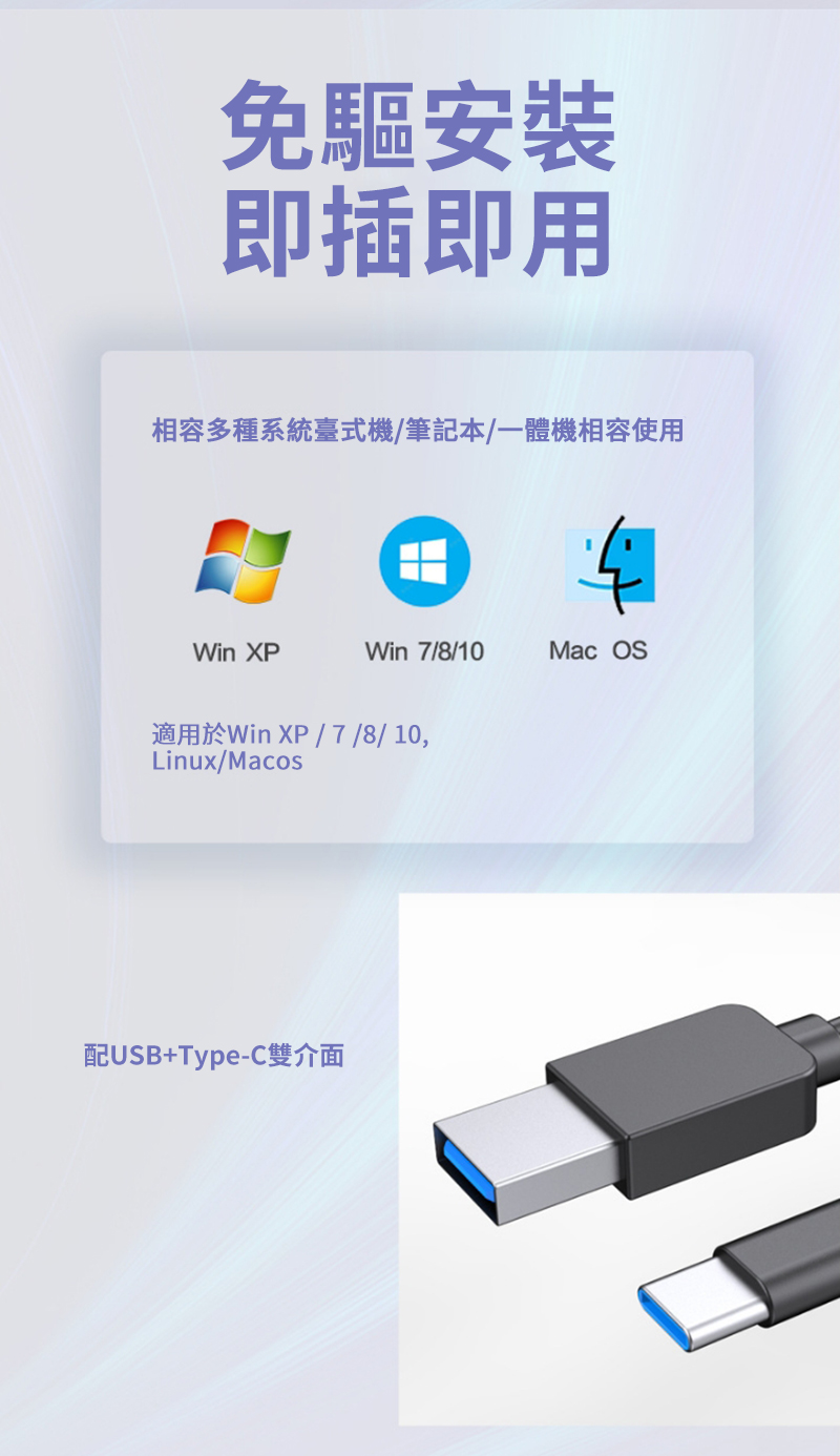 免驅安裝即插即用相容多種系統臺式機/筆記本/一體機相容使用Win XPWin 7/8/10Mac OS適用於Win XP/7/8/10,Linux/Macos配USB+Type-C雙介面