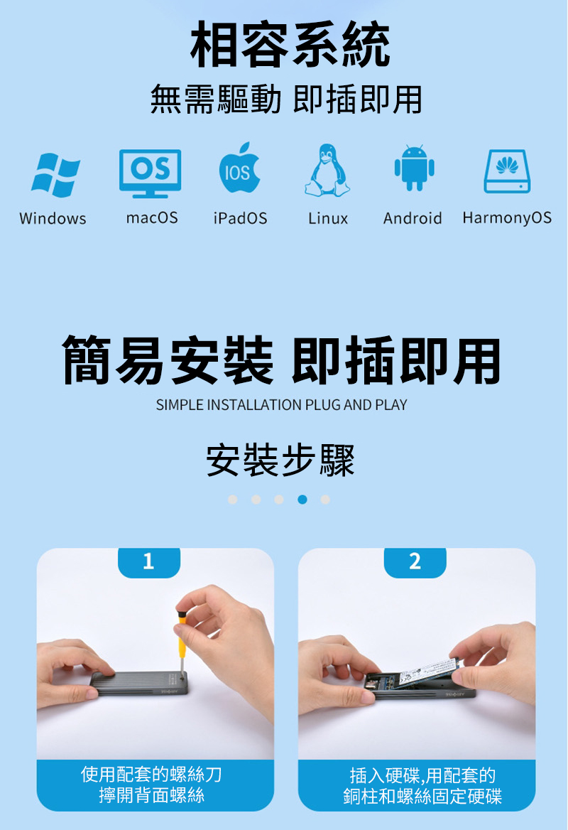 相容系統無需驅動 即插即用IOSWindowsLinux Android HarmonyOS簡易安裝 即插即用SIMPLE INSTALLATION PLUG AND PLAY1安裝步驟2使用配套的螺絲刀擰開背面螺絲插入硬碟,用配套的銅柱和螺絲固定硬碟